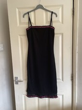River Island Slip Black Little Dress Crochet Lace Strappy Pink Ribbon Size 14