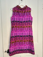 Vintage Cresta Couture 60s 70s Silk Hot Pink Tribal Pattern Shift Dress 14 12
