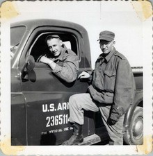 1950s Photo of Two U.S. Army Soldiers by Pickup Truck at Fort Riley Kansas