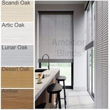 FAUX WOOD WOODEN VENETIAN BLINDS  MADE TO MEASURE WATERPROOF OAK COLOURS