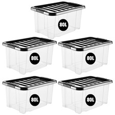 eMKay® 5 Plastic 80 Litre Storage Boxes Compact Stackable Home office BLACK Lid