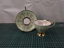 Vintage Clare Tea Cup and Saucer Set Pale Green & Gold With Display Stand 