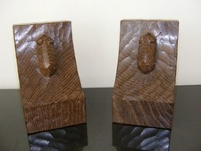 Classic Robert  Mouseman  Thompson Pair of Adzed dark Oak Bookends ( Critter )
