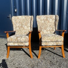 2 Matching Wooden Frame Fireside Armchairs With Floral Tapestry Upholstery