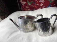 ANTIQUE CHASED SILVER PLATED TEAPOT HODD & LINLEY BONE + MILK JUG JOHN TURTON