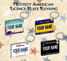 PERSONALISED NOVELTY AMERICAN LICENCE PLATE HIGH GLOSS KEYRING ANY NAME ANY TEXT