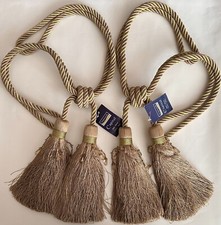 Designer Rope Tassel Tiebacks Pair Green Gold Beaded for Large Curtains