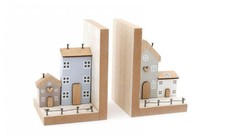 Pair of Wooden House Country Bookends - Rustic Home Decor for Shelves & Tables