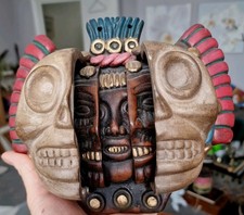 Vintage Mayan Aztec Pottery Three Ages of Man Wall Mask Mexico Handmade 