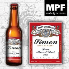 Personalised CHRISTMAS Beer Lager Bottle Labels - Novelty Gift - Bud Style