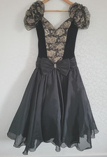 John Charles Ball Gown Vintage 80s Black & Gold Puff Sleeves Midi Length UK 10