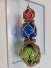 Glass Buoy Trio 5, 8, 10cm 3 Buoys Fishermans Ball Floats Rope Detail Fishing