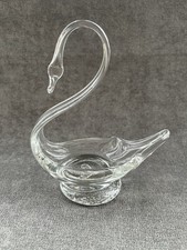 Glass Swan Dish Clear Art Footed Candy Trinket Bowl Vintage Hand Blown Figurine