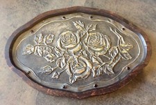 Antique Arts & Crafts Movement pewter clad toilet tray w cabochons, roses design