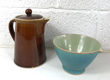 Vintage Brown Denby Coffee Pot w Lid & Blue / Green Stoneware Pouring Dish