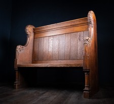 19th Century Golden Oak Foliate Church Pew / Settle