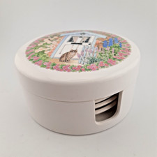Cloverleaf Melamine Coaster Set & Holder Dogs & Cats at Cottage Door & Garden