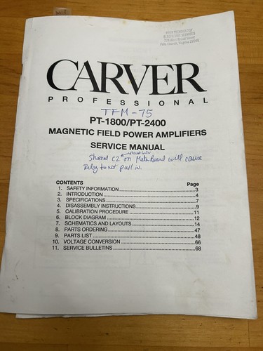Carver 1800 2400 power - pt-1800, pt-2400