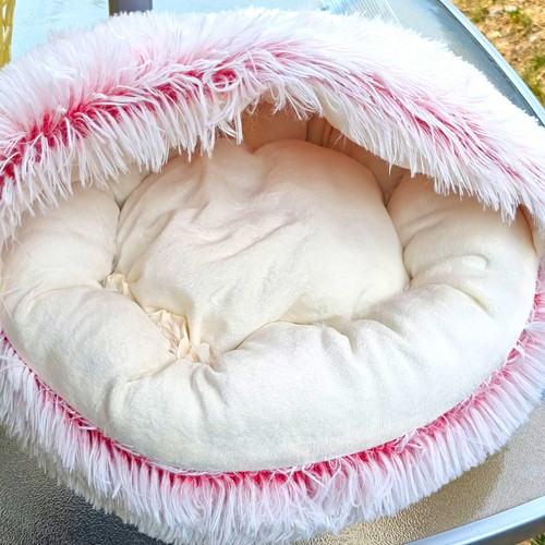 Pink white plush cat cave - white,