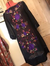 BEAUTIFUL MONSOON DRESS 8 TUNIC BLACK SILK EMBROIDERED SEQUINS BEADS PURPLE RED