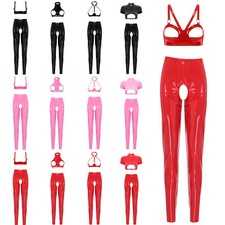 UK Women Sexy 2Pcs Lingerie Set Open Bust Bra Top Latex Hollow Out Leather Pants