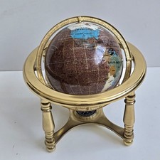 Gemstone World Globe Vintage Rare Brown On Gold Coloured Metal Stand 9" Tall