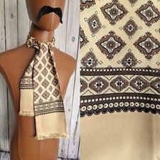 Mod Scarf Caramel/Brown Silk  Foulard Pattern Vintage Silk Fringed Retro BA76L
