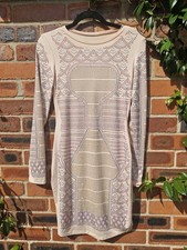 Size M UK 10-12 Long Sleeve Bodycon Spandex Lycra Mini Dress Nude With Diamanté