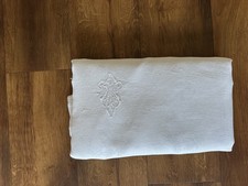 Vintage  large  Damask Cotton White Tablecloth 61 x 84in Antique French monogram