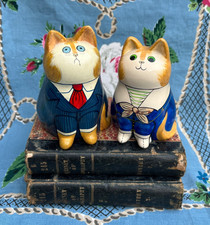 Pair Vintage 1970s~80s Joan de Bethel Hand Painted Rye Pottery Cat Figurines