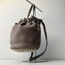 ALEXANDER WANG Diego Real Leather Taupe Grey Bucket Shoulder Crossbody Bag Studs