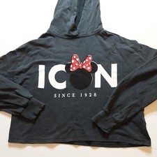 Minnie Mouse Cropped Hoodie Womens M Black Hooded sweatshirt Pullover sweater