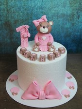1st birthday baby girl bear with name blocks, number, balloons, bow cake toppers
