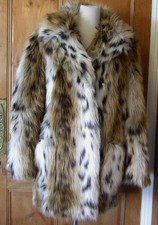 TOPSHOP LEOPARD ANIMAL PRINT FLUFFY FAKE FUR COAT JACKET SZ 14 VGC
