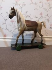 Victorian Oversized Wooden & Papier Mache Pull Along Antique Horse Wooden Wheels