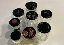 8 glass bottles with black lids for  jam/chutneys/pickles/spices/nuts/sweets