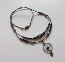 Dream Catcher Pendant Hematite Bead Bib Style Necklace Silver Tone Tube Chain 