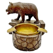 ANTIQUE *BLACK FOREST* BEAR CARVED WOOD ASHTRAY MATCH STRIKE