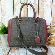 MICHAEL KORS Crossbody Grab Bag BENNING Signature Brown Canvas Red Leather FitA4