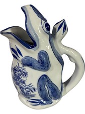 Ceramic Frog Jug Blue White Floral Pattern Pitcher Decorative 9 Inch High