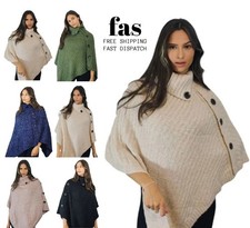 Women's Winter Poncho Cowl Neck Buttons Details Soft Knit Cozy Warm Shawl Wrap