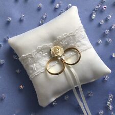 POCKET SIZE 9cm PALE IVORY SATIN/LACE/ROSE BRIDAL WEDDING RING CUSHION PILLOW