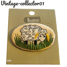 One Button Oval BROOCH Embroidered Fabric Sheep Lamb Farm Animal BN Broach