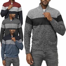 Ex-M&S Mens Insulated Fleece Thermal Lined Knit Zip Up Cardigan Striped Jumper