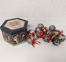 Vintage 1995 Set of 12 Decoupage/Paper Mache "Antique Santas" Ornaments in Box