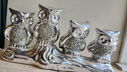 Silver resin owl family - silver,