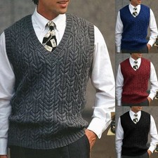 Mens Knitted Vest V-Neck Sleeveless Jumper Tank Top Waistcoat Gilet Sweater Coat