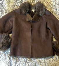 Vintage Etam Faux Suede Faux Fur Jacket Brown Penny Lane Y2K Coat (Fits 10–12)