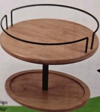 Simesove Lazy Susan Turtable Two Tiered Wood & Metal 10" Diameter 9" Height NEW