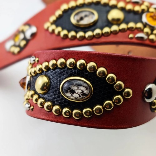 Red leather studded belt - red,